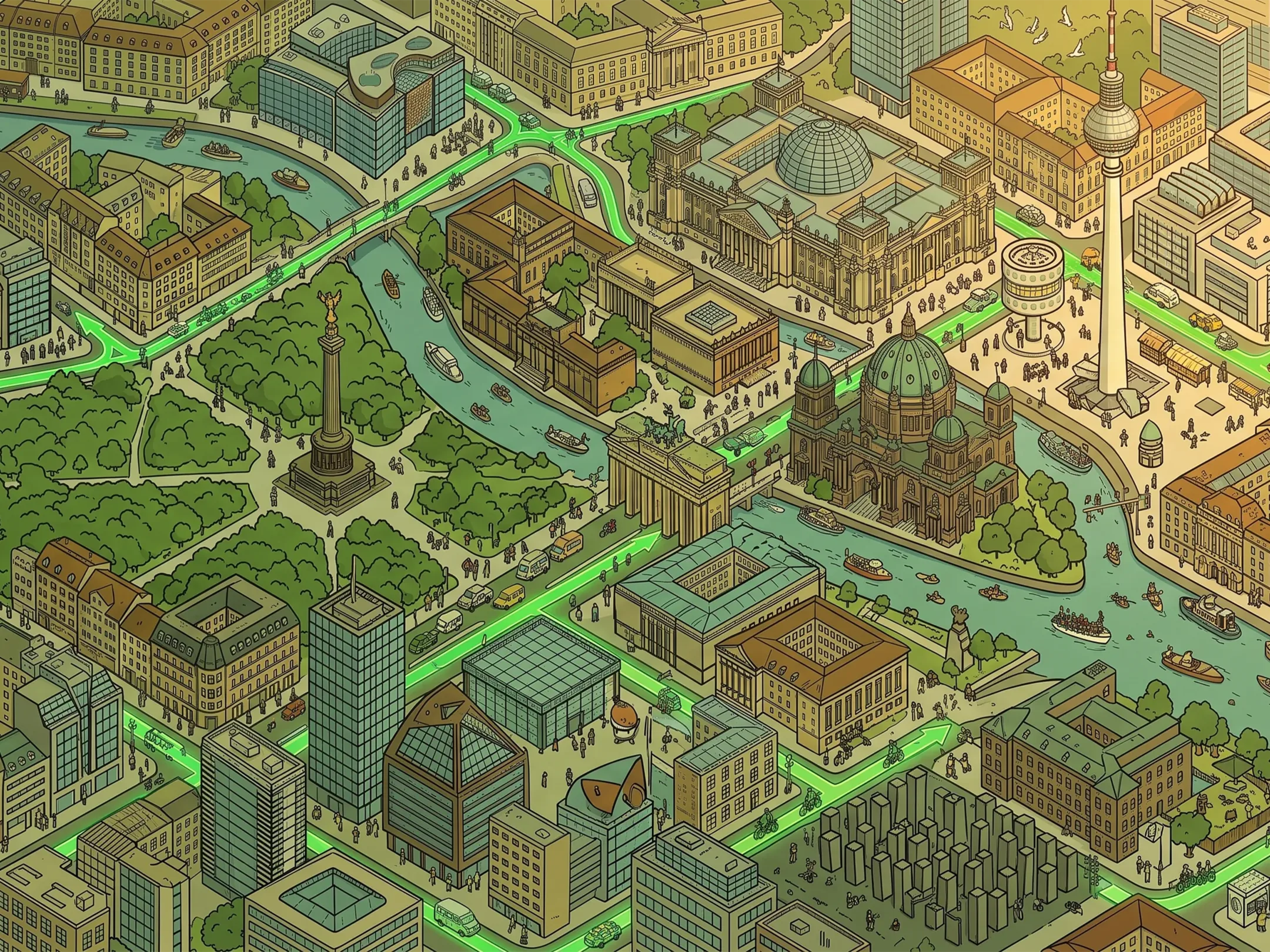 Illustrated aerial view of Berlin: the Tiergarten, Reichstag, Berlin Cathedral and TV tower along the Spree.