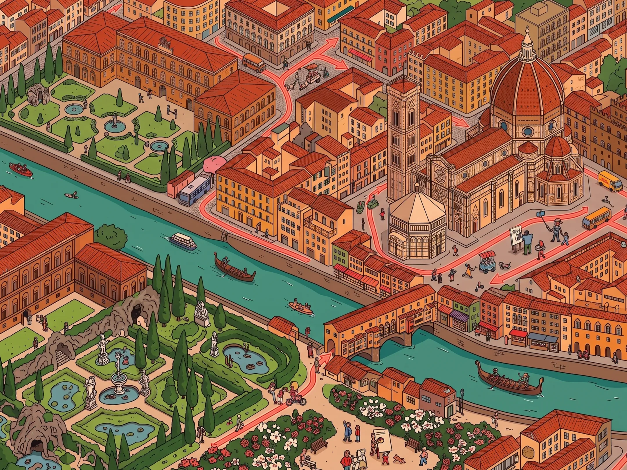 Illustrated aerial view of Florence: the Duomo, Giotto's Campanile, Ponte Vecchio and Boboli Gardens.