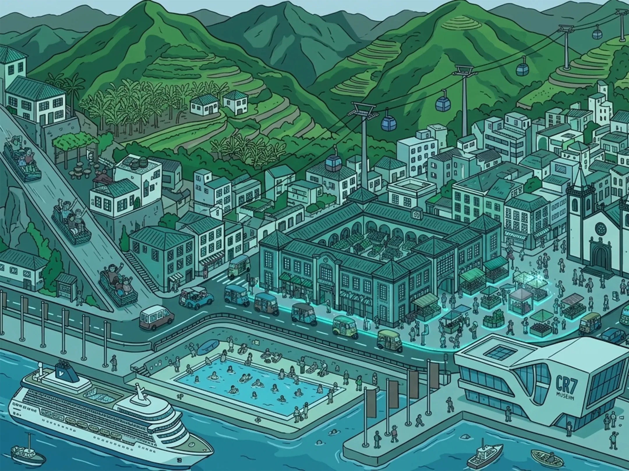 Illustrated aerial view of Funchal: the Mercado dos Lavradores, cable car, harbour and CR7 museum.