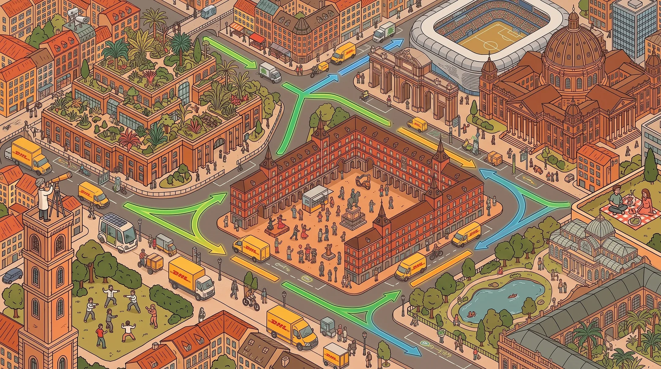 Illustrated aerial view of Madrid: the Santiago Bernabéu stadium, Cibeles Palace and Retiro Park.