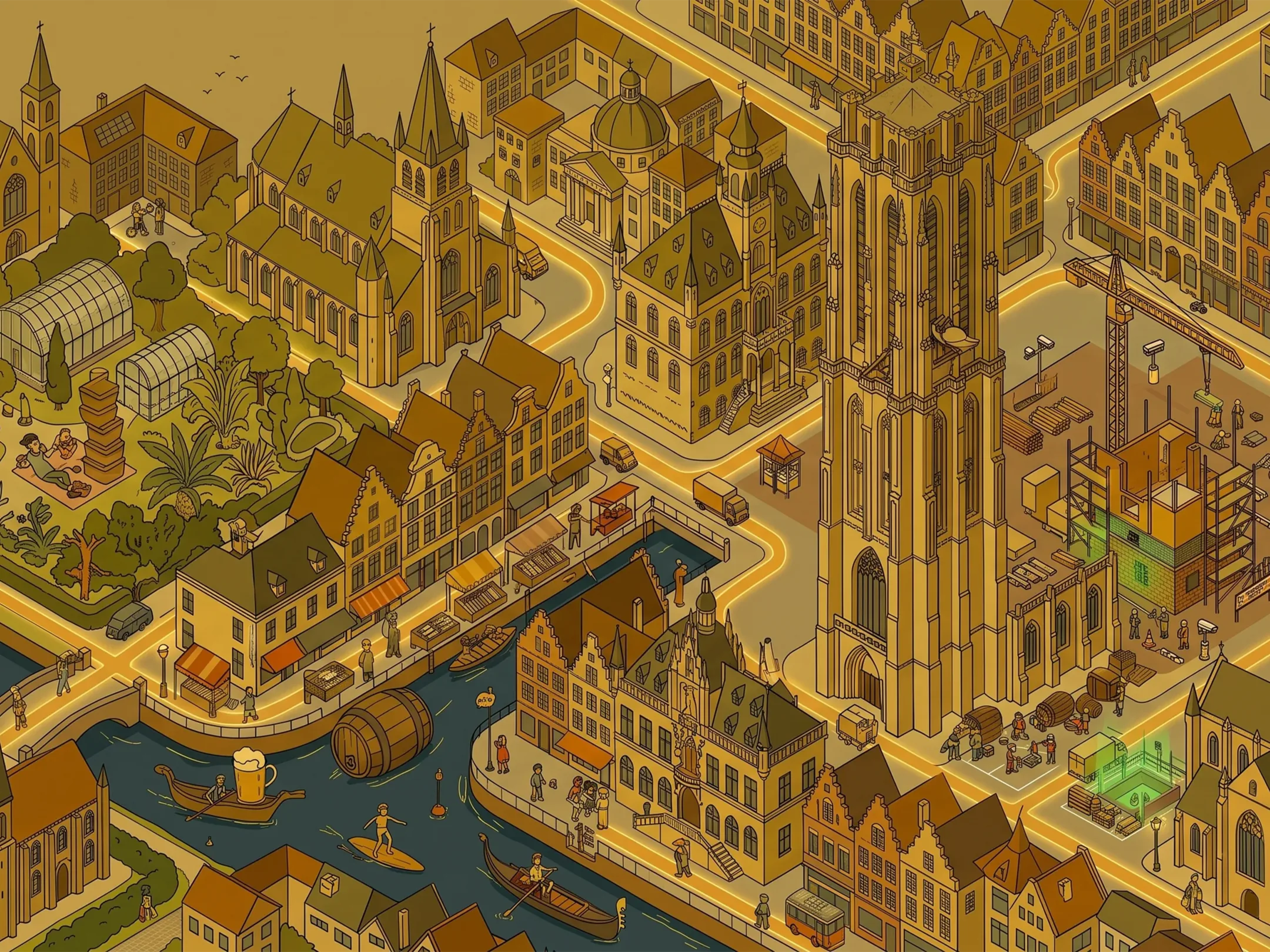 Illustrated aerial view of Mechelen: St. Rumbold's Tower and the River Dijle.