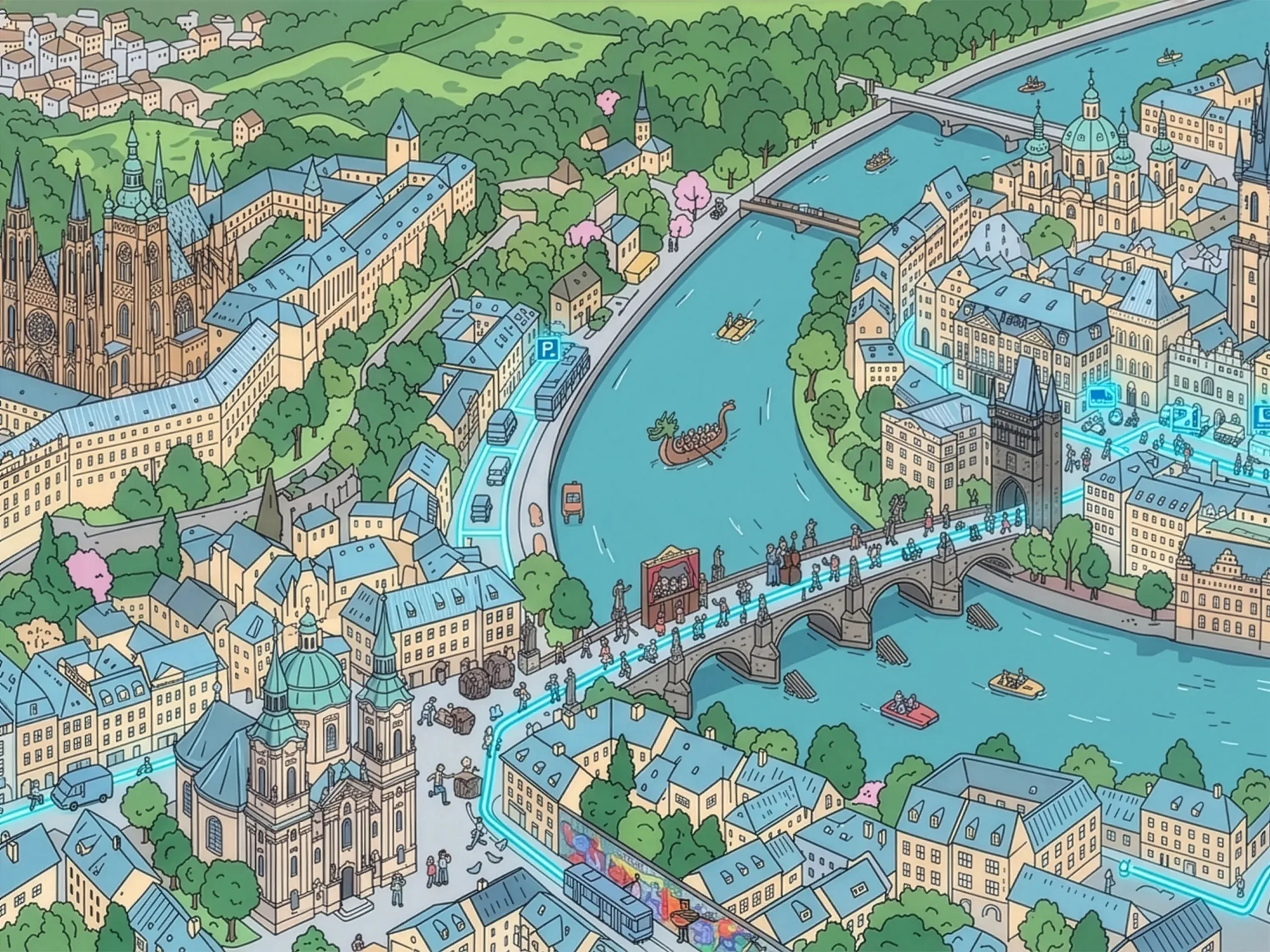 Illustrated aerial view of Prague: Prague Castle, Charles Bridge and the Vltava river.