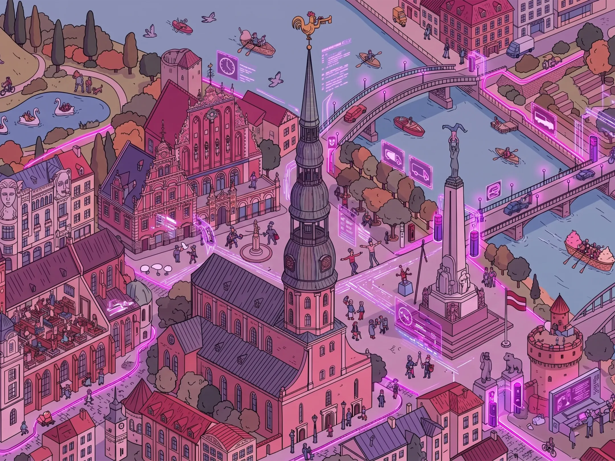 Illustrated aerial view of Riga: the Freedom Monument, St Peter's Church and the Daugava river.